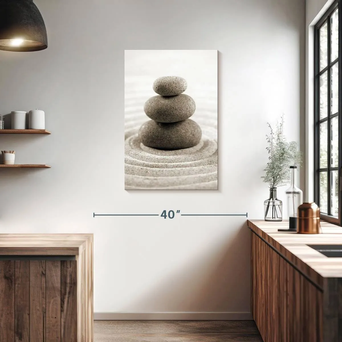 ElephantStock - Stone Stack On Zen Garden Wall Art - Vertical Canvas - Bathroom Wall Decor - Photography Wellness Canvas Art - Beige And Gray Decor - 24" x 36"