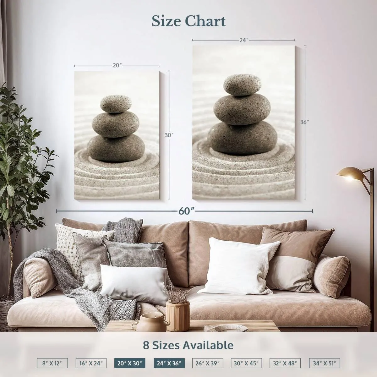 ElephantStock - Stone Stack On Zen Garden Wall Art - Vertical Canvas - Bathroom Wall Decor - Photography Wellness Canvas Art - Beige And Gray Decor - 24" x 36"