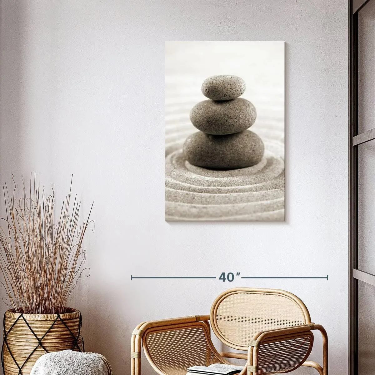 ElephantStock - Stone Stack On Zen Garden Wall Art - Vertical Canvas - Bathroom Wall Decor - Photography Wellness Canvas Art - Beige And Gray Decor - 24" x 36"