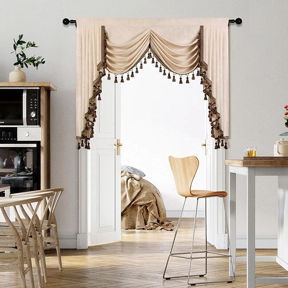 ELKCA Beige Chenille Window Curtains Valance for Living Room Waterfall Valance for Bedroom,Rod Pocket (W59 Inch, 1 Panel)