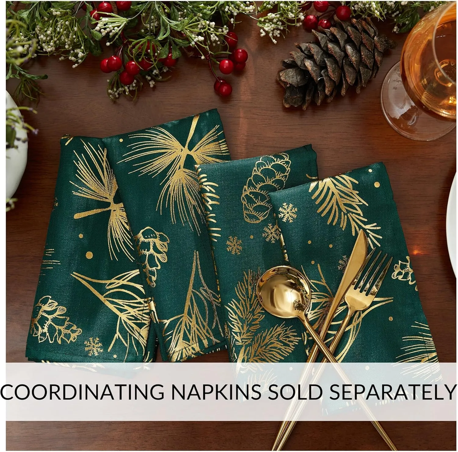 Elrene Home Fashions Pine Leaf Metallic Foil Printed Fabric Holiday/Christmas Rectangle Dining Tablecloth, 60"x120"