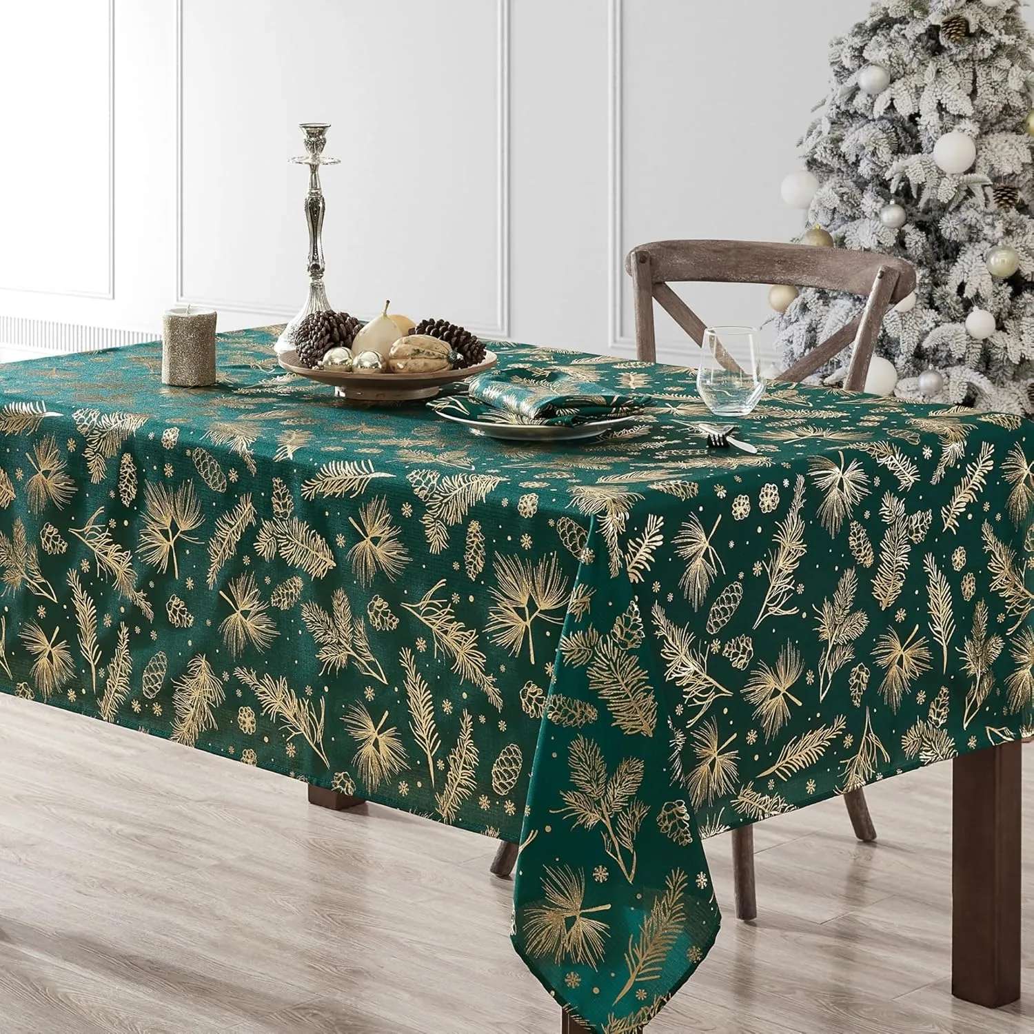 Elrene Home Fashions Pine Leaf Metallic Foil Printed Fabric Holiday/Christmas Rectangle Dining Tablecloth, 60"x120"