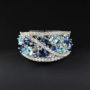 ENDLESSNESS & ETERNITY Blue Marquise Cut Half Eternity CZ Cubic Zirconia 14K Gold Plated Wedding Band Ring Chunky Statment Band Ring