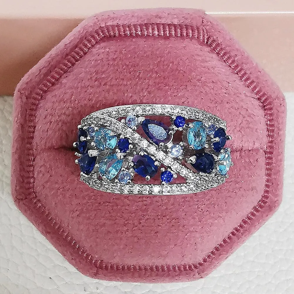 ENDLESSNESS & ETERNITY Blue Marquise Cut Half Eternity CZ Cubic Zirconia 14K Gold Plated Wedding Band Ring Chunky Statment Band Ring