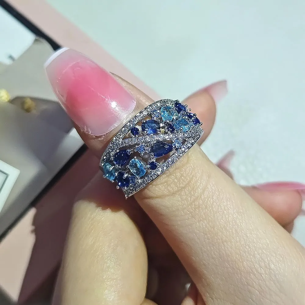 ENDLESSNESS & ETERNITY Blue Marquise Cut Half Eternity CZ Cubic Zirconia 14K Gold Plated Wedding Band Ring Chunky Statment Band Ring
