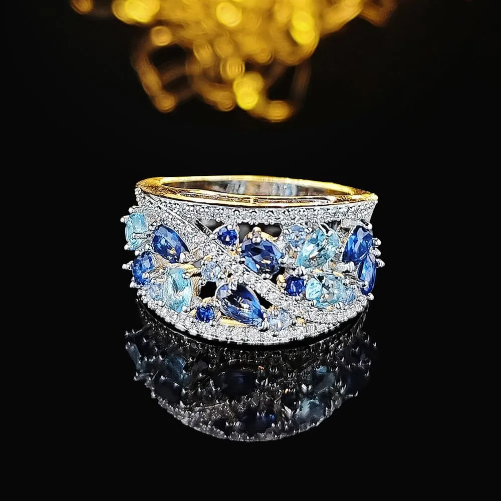 ENDLESSNESS & ETERNITY Blue Marquise Cut Half Eternity CZ Cubic Zirconia 14K Gold Plated Wedding Band Ring Chunky Statment Band Ring