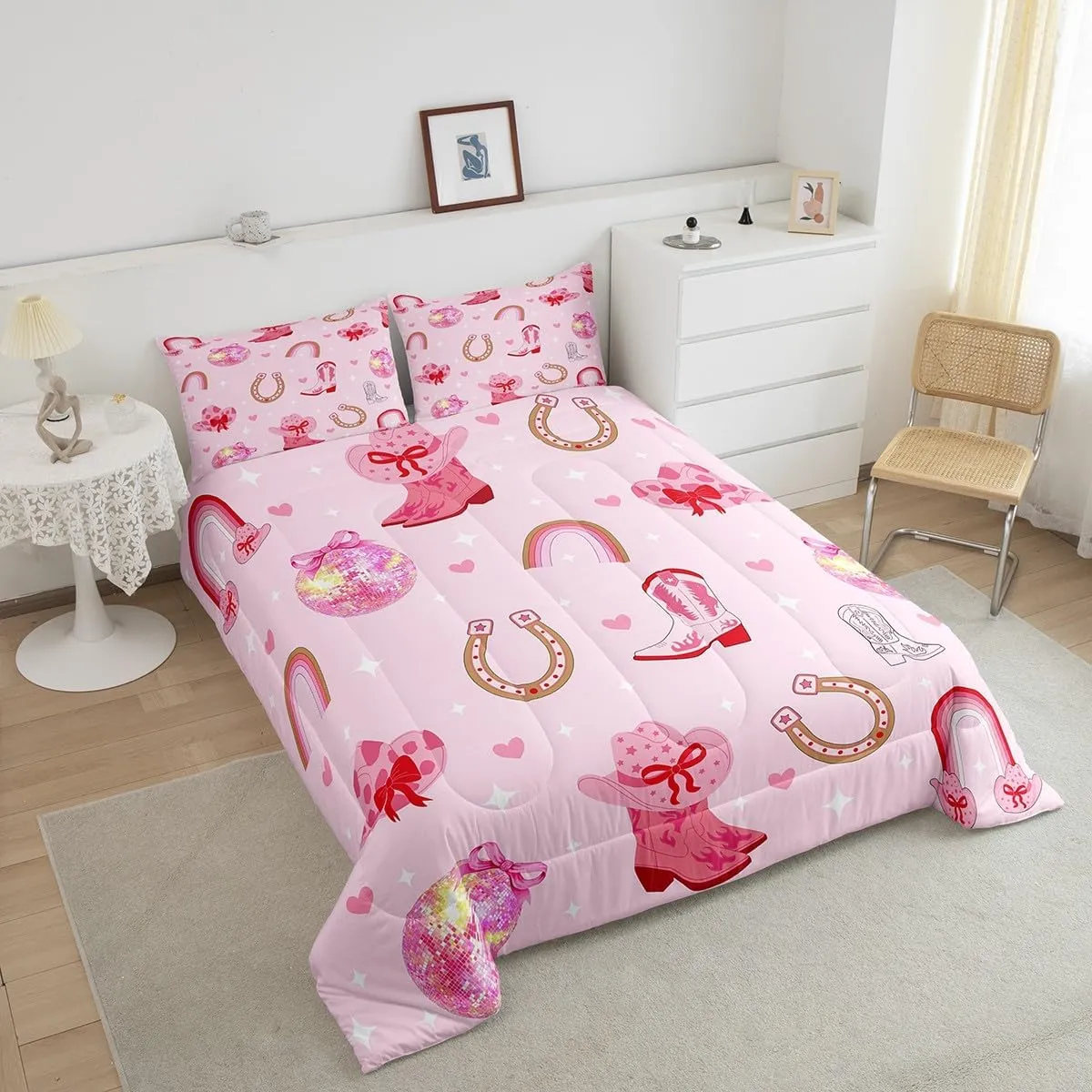 Erosebridal Pink Cowgirl Hats Twin Comforter Set Cowboy Boots Bow for Woman Girls Bedding Sets Western Rainbow Horseshoe Glitter Down Comforter,Princess Bowknot Bed Set