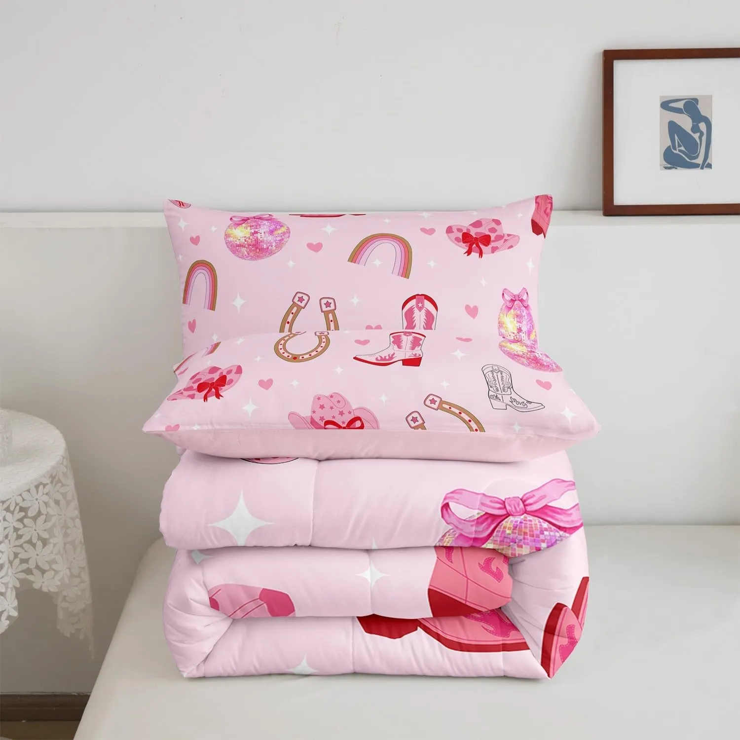 Erosebridal Pink Cowgirl Hats Twin Comforter Set Cowboy Boots Bow for Woman Girls Bedding Sets Western Rainbow Horseshoe Glitter Down Comforter,Princess Bowknot Bed Set