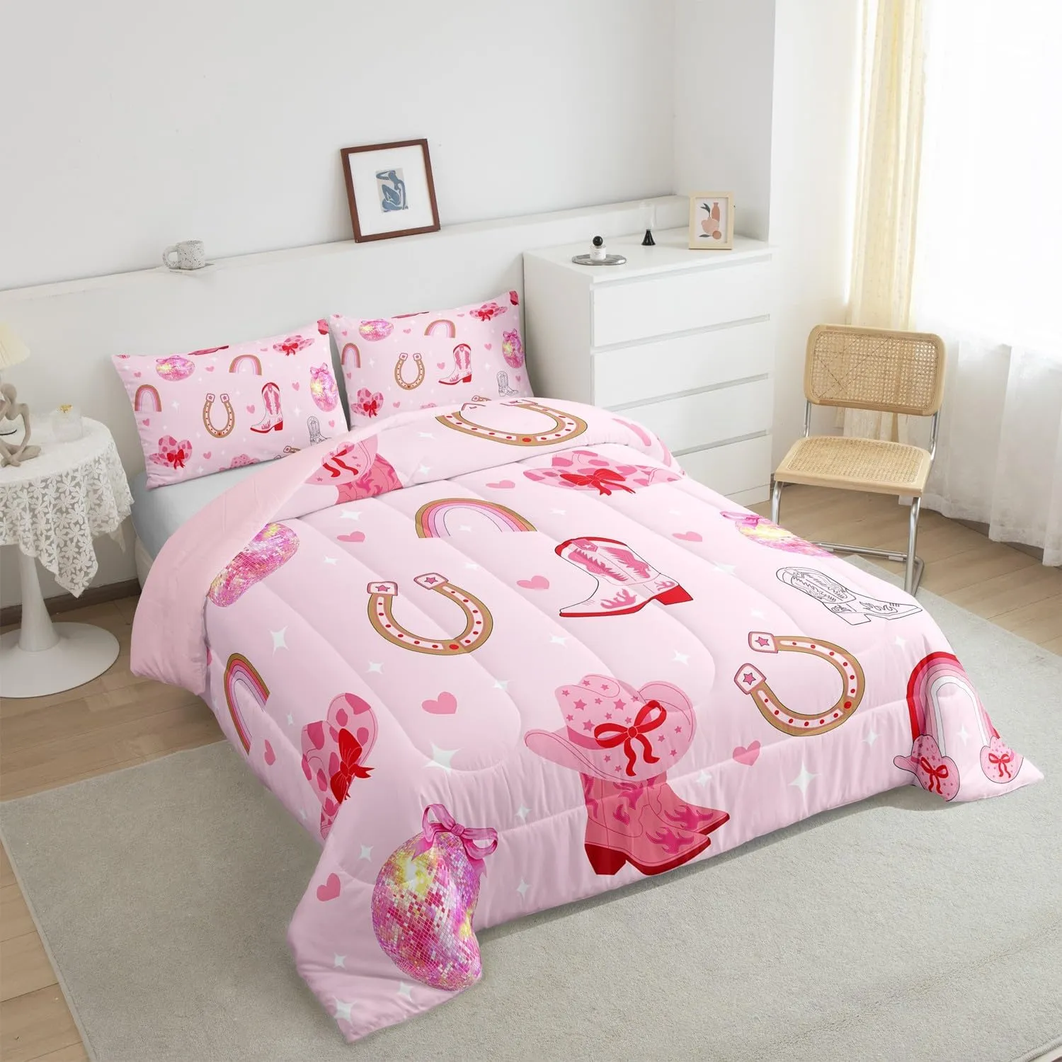 Erosebridal Pink Cowgirl Hats Twin Comforter Set Cowboy Boots Bow for Woman Girls Bedding Sets Western Rainbow Horseshoe Glitter Down Comforter,Princess Bowknot Bed Set