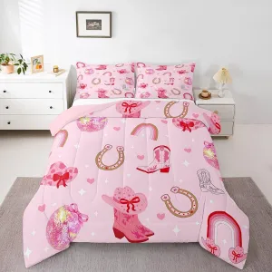 Erosebridal Pink Cowgirl Hats Twin Comforter Set Cowboy Boots Bow for Woman Girls Bedding Sets Western Rainbow Horseshoe Glitter Down Comforter,Princess Bowknot Bed Set