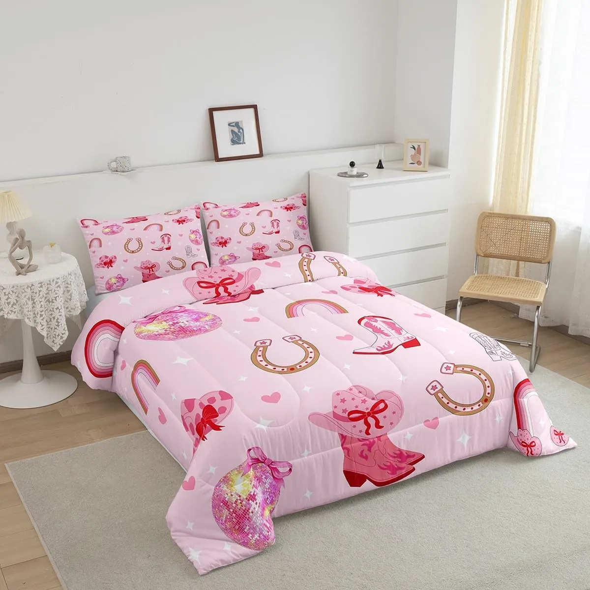 Erosebridal Pink Cowgirl Hats Twin Comforter Set Cowboy Boots Bow for Woman Girls Bedding Sets Western Rainbow Horseshoe Glitter Down Comforter,Princess Bowknot Bed Set