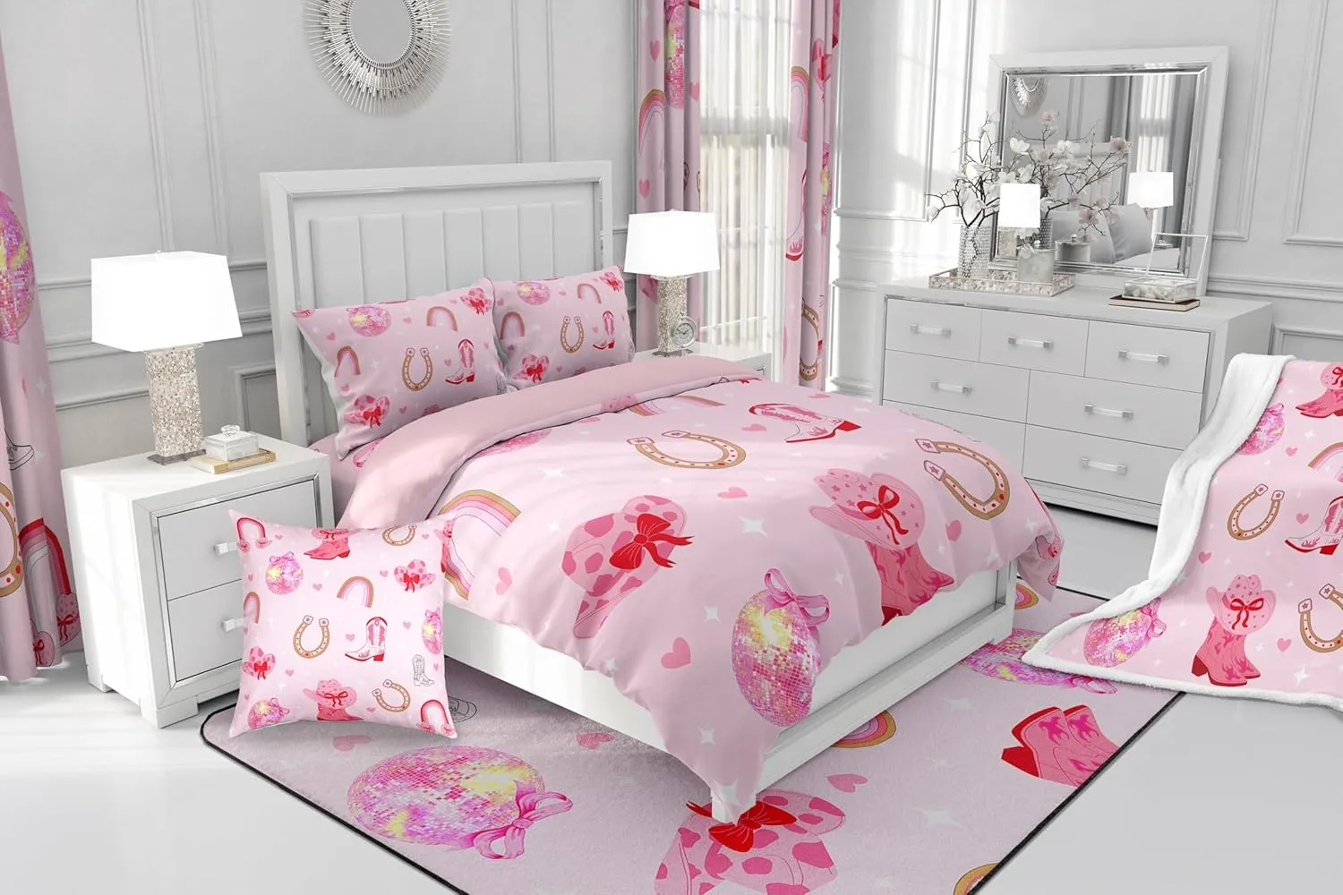 Erosebridal Pink Cowgirl Hats Twin Comforter Set Cowboy Boots Bow for Woman Girls Bedding Sets Western Rainbow Horseshoe Glitter Down Comforter,Princess Bowknot Bed Set