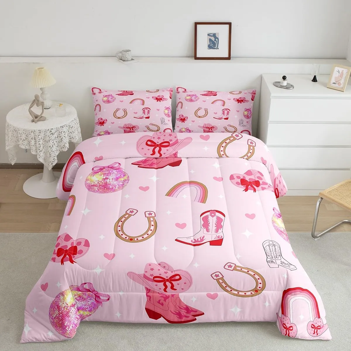 Erosebridal Pink Cowgirl Hats Twin Comforter Set Cowboy Boots Bow for Woman Girls Bedding Sets Western Rainbow Horseshoe Glitter Down Comforter,Princess Bowknot Bed Set