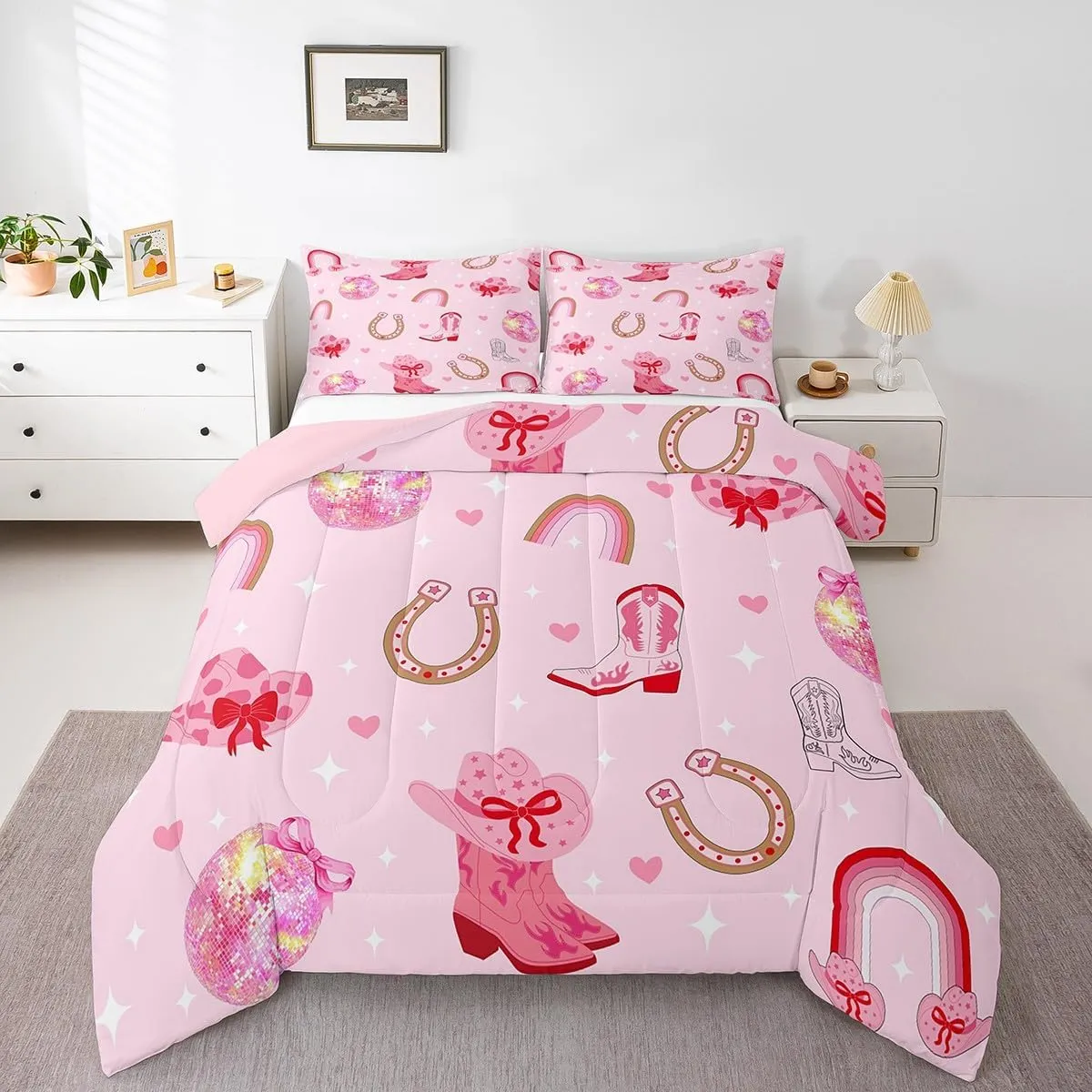 Erosebridal Pink Cowgirl Hats Twin Comforter Set Cowboy Boots Bow for Woman Girls Bedding Sets Western Rainbow Horseshoe Glitter Down Comforter,Princess Bowknot Bed Set
