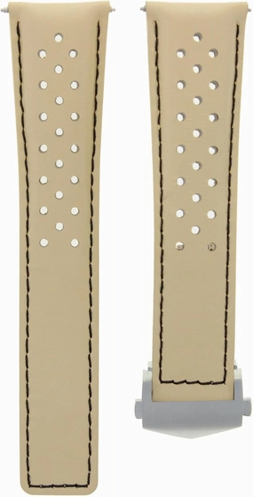 Ewatchparts Leather Watch Band Strap Deployment 22mm Compatible With Tag Heuer Monaco Beige Black Perforated