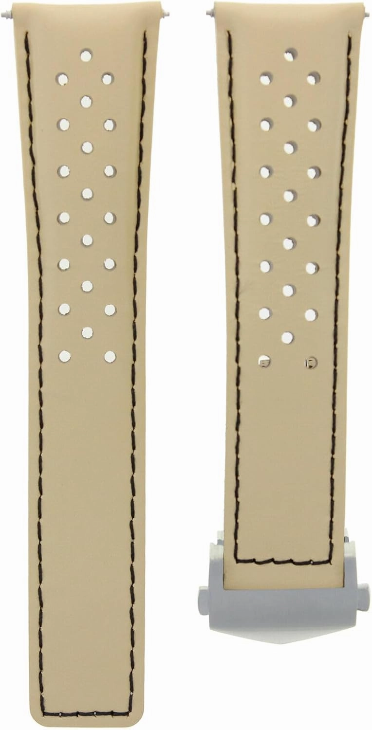 Ewatchparts Leather Watch Band Strap Deployment 22mm Compatible With Tag Heuer Monaco Beige Black Perforated