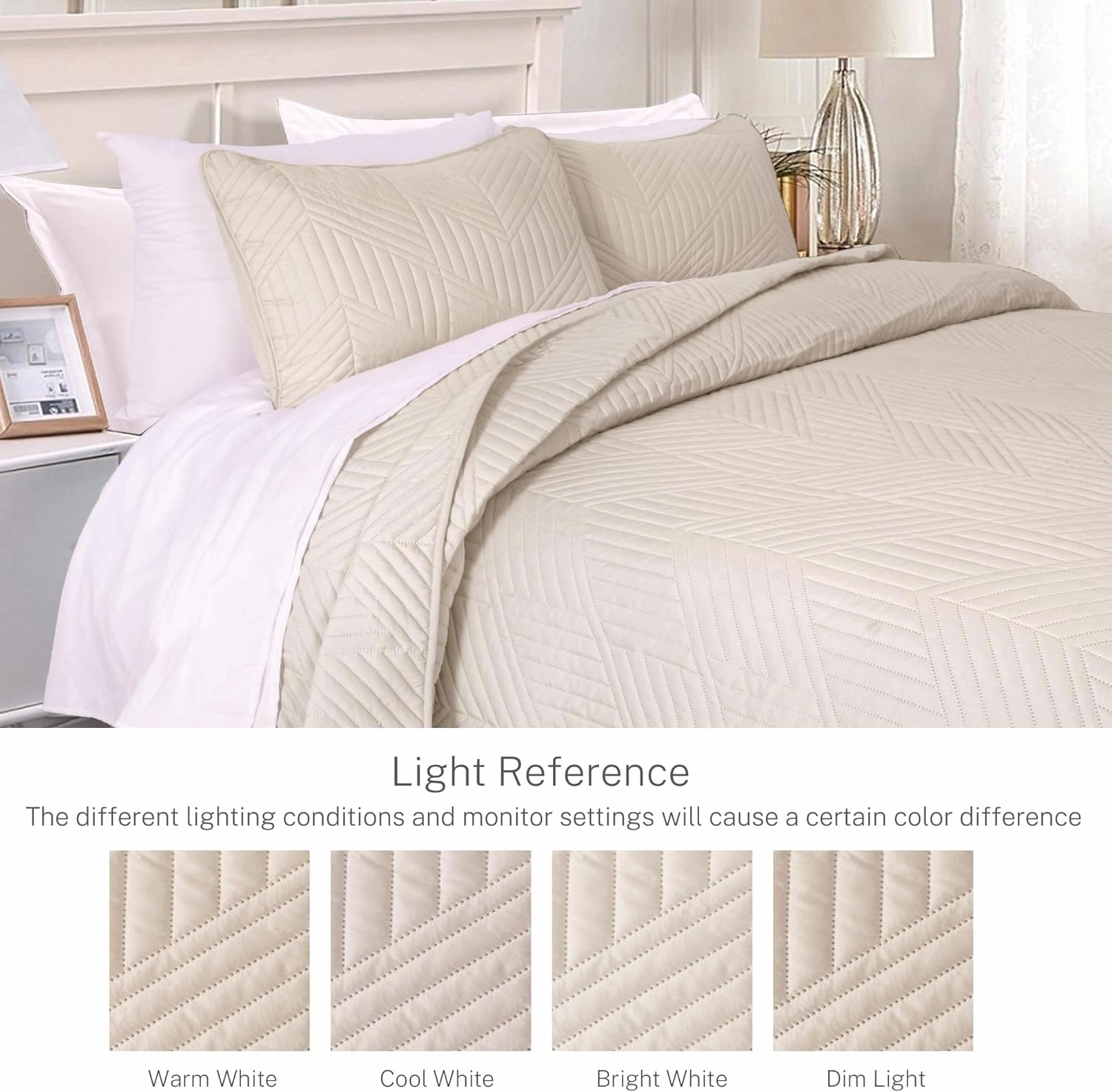 Exclusivo Mezcla Ultrasonic Full Queen Quilt Bedding Set, Lightweight Brich Beige Bedspreads Soft Modern Geometric Coverlet Set for All Seasons (1 Quilt and 2 Pillow Shams)