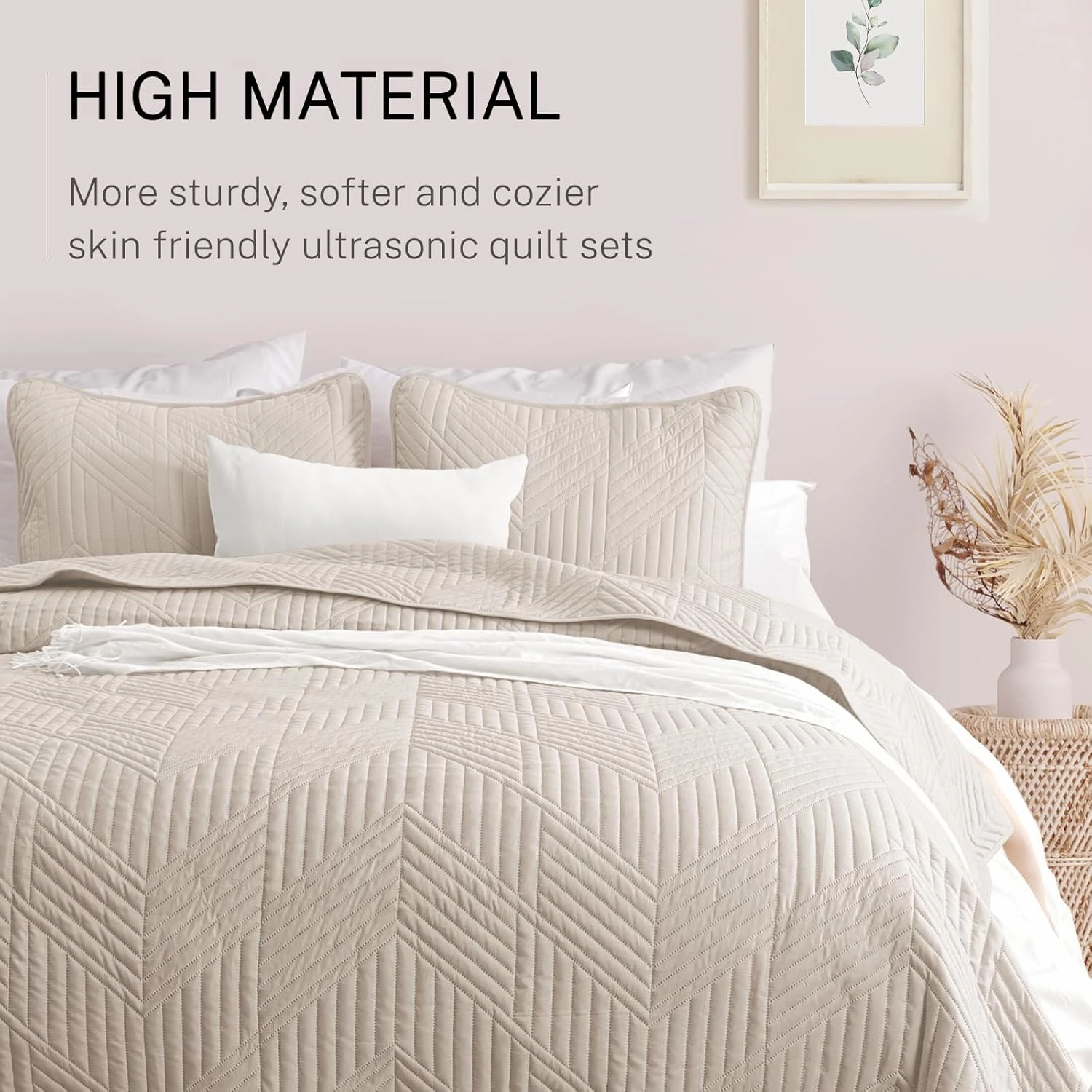 Exclusivo Mezcla Ultrasonic Full Queen Quilt Bedding Set, Lightweight Brich Beige Bedspreads Soft Modern Geometric Coverlet Set for All Seasons (1 Quilt and 2 Pillow Shams)