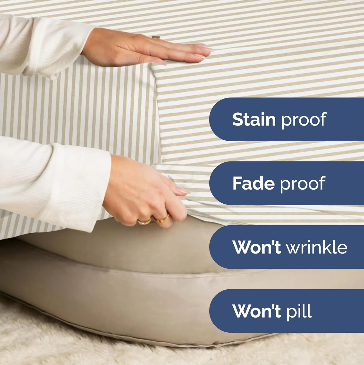 Extra Deep Queen Fitted Sheet - Hotel Luxury Single Fitted Sheet Only - Easily Fits 18 inch to 24 inch Mattress - Ultra Soft, Wrinkle Free with Extra Deep Pockets - Breathable & Comfy - Beige Stripes