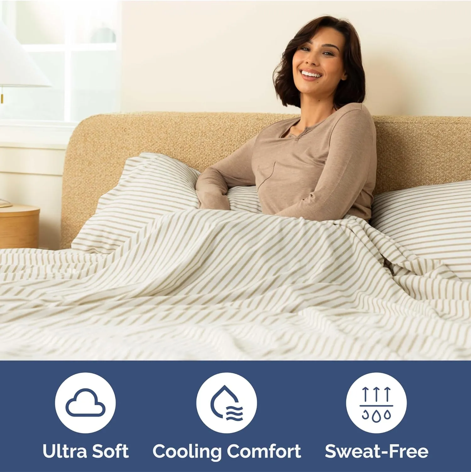 Extra Deep Queen Fitted Sheet - Hotel Luxury Single Fitted Sheet Only - Easily Fits 18 inch to 24 inch Mattress - Ultra Soft, Wrinkle Free with Extra Deep Pockets - Breathable & Comfy - Beige Stripes