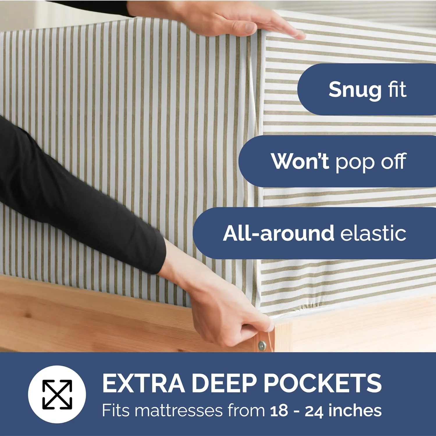 Extra Deep Queen Fitted Sheet - Hotel Luxury Single Fitted Sheet Only - Easily Fits 18 inch to 24 inch Mattress - Ultra Soft, Wrinkle Free with Extra Deep Pockets - Breathable & Comfy - Beige Stripes