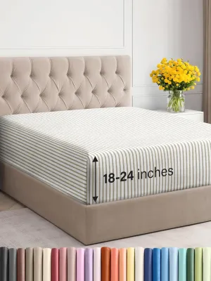 Extra Deep Queen Fitted Sheet - Hotel Luxury Single Fitted Sheet Only - Easily Fits 18 inch to 24 inch Mattress - Ultra Soft, Wrinkle Free with Extra Deep Pockets - Breathable & Comfy - Beige Stripes