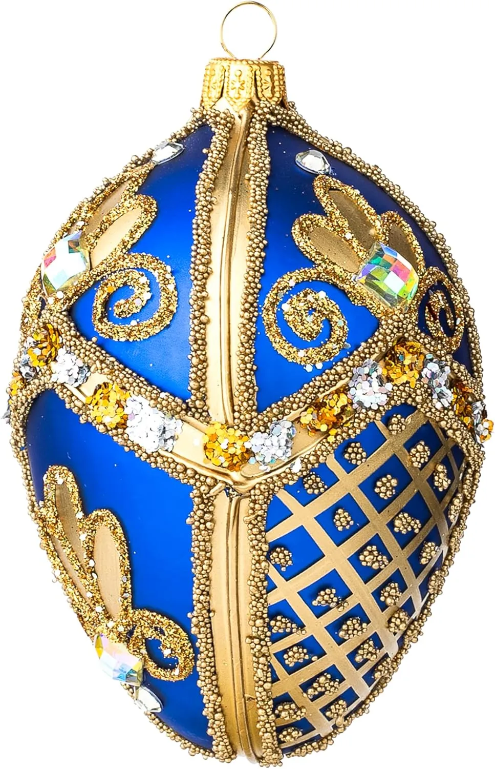 Fabergé Egg 5-Inch Blown Glass Christmas Tree Ornament Royal Gold Embellishments (Sapphire Matte)
