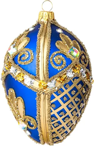Fabergé Egg 5-Inch Blown Glass Christmas Tree Ornament Royal Gold Embellishments (Sapphire Matte)