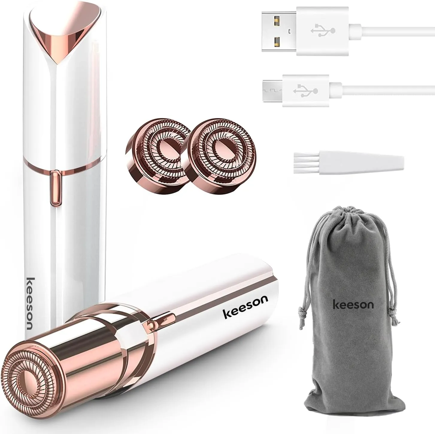 Facial Hair Removal for Women, Painless Womens Facial Hair Remover with 2 Replacement Heads, Lipstick-Sized, USB Rechargeable, for Upper Lip/Cheeks/Chin/Peach Fuzz/Mustache (White)
