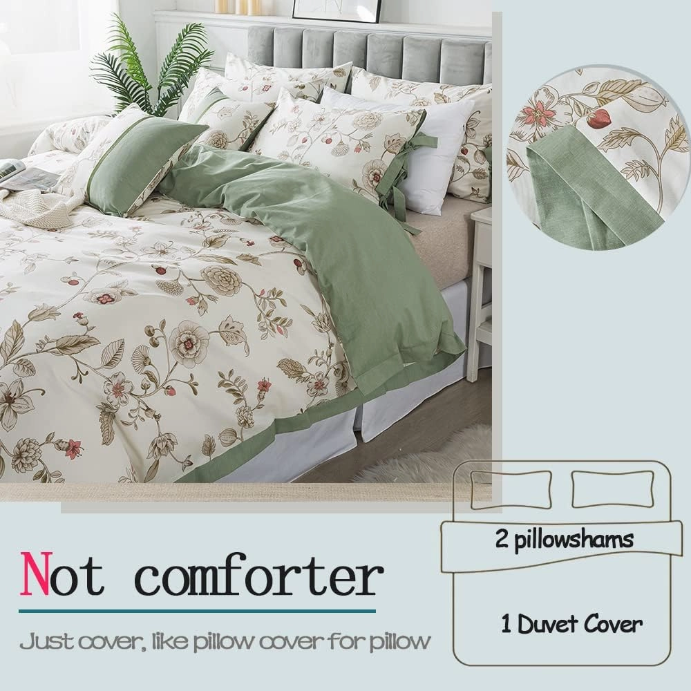 FADFAY Floral Bedding Set King/Cal King 100% Cotton Shabby and Chic Beige Green Reversible Duvet Cover Vintage Pink Flower Print Bed Covers Luxury Pretty Bowknot Soft Crisp Zipper Comforter Cover 3Pc