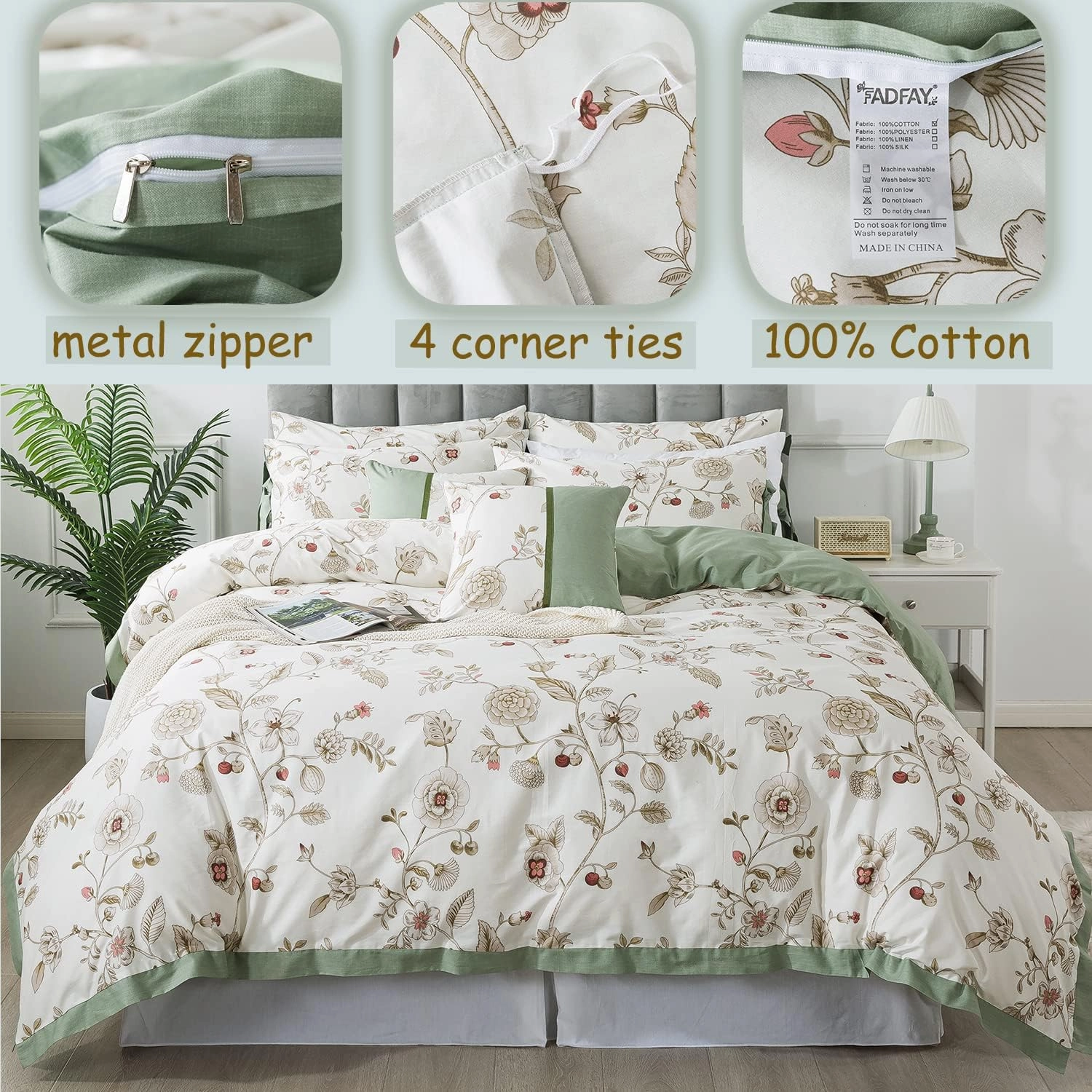 FADFAY Floral Bedding Set King/Cal King 100% Cotton Shabby and Chic Beige Green Reversible Duvet Cover Vintage Pink Flower Print Bed Covers Luxury Pretty Bowknot Soft Crisp Zipper Comforter Cover 3Pc