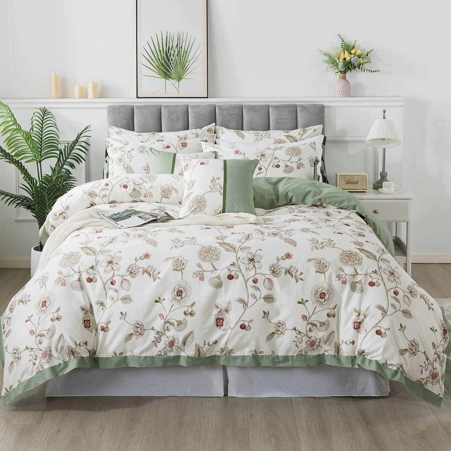 FADFAY Floral Bedding Set King/Cal King 100% Cotton Shabby and Chic Beige Green Reversible Duvet Cover Vintage Pink Flower Print Bed Covers Luxury Pretty Bowknot Soft Crisp Zipper Comforter Cover 3Pc