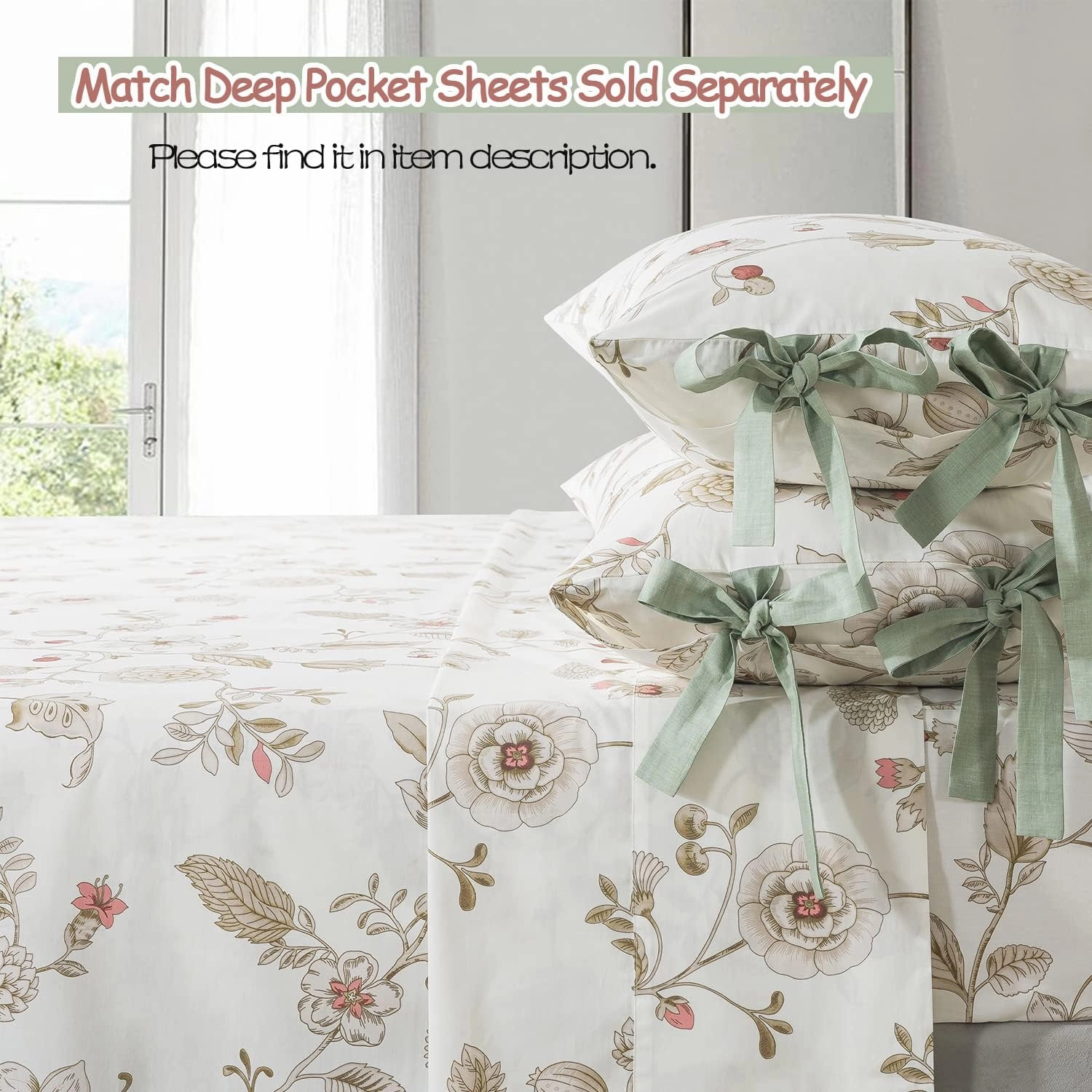 FADFAY Floral Bedding Set King/Cal King 100% Cotton Shabby and Chic Beige Green Reversible Duvet Cover Vintage Pink Flower Print Bed Covers Luxury Pretty Bowknot Soft Crisp Zipper Comforter Cover 3Pc