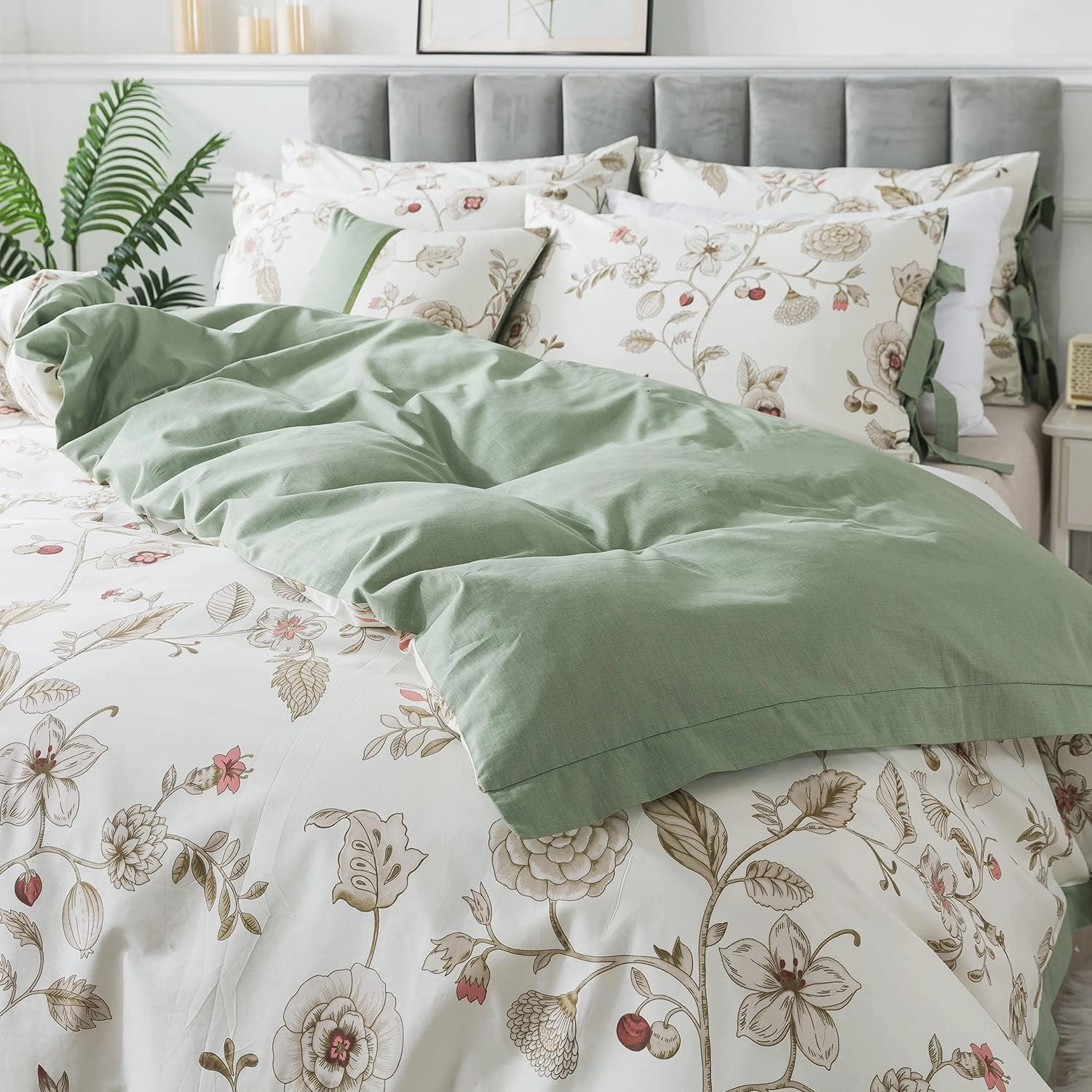 FADFAY Floral Bedding Set King/Cal King 100% Cotton Shabby and Chic Beige Green Reversible Duvet Cover Vintage Pink Flower Print Bed Covers Luxury Pretty Bowknot Soft Crisp Zipper Comforter Cover 3Pc