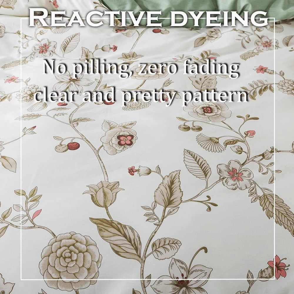FADFAY Floral Bedding Set King/Cal King 100% Cotton Shabby and Chic Beige Green Reversible Duvet Cover Vintage Pink Flower Print Bed Covers Luxury Pretty Bowknot Soft Crisp Zipper Comforter Cover 3Pc