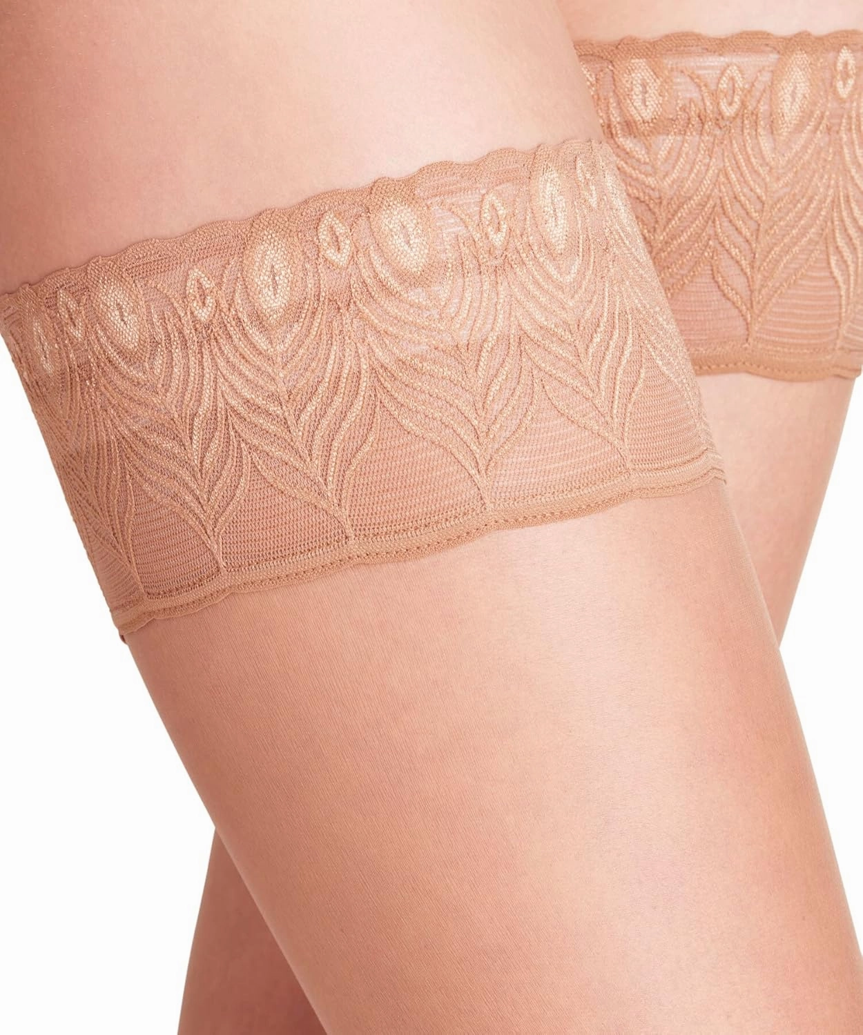 FALKE Women's Lunelle 8 Denier Thigh Highs, Non Slip Peacock Feather Lace Band, Ultra-Sheer Transparent, Nylon, Beige