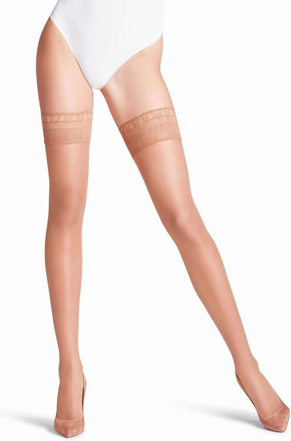 FALKE Women's Lunelle 8 Denier Thigh Highs, Non Slip Peacock Feather Lace Band, Ultra-Sheer Transparent, Nylon, Beige