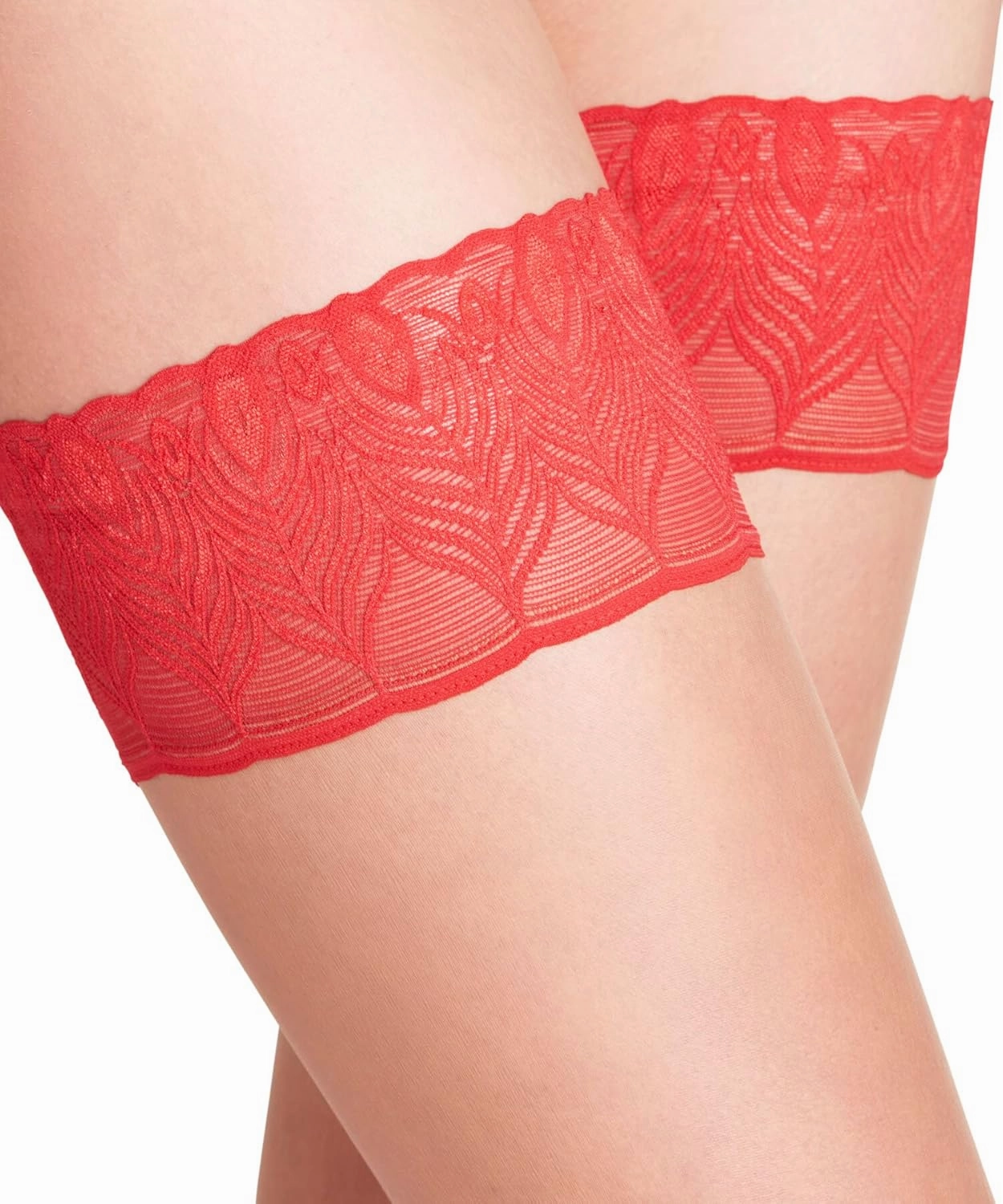 FALKE Women's Lunelle 8 Denier Thigh Highs, Non Slip Peacock Feather Lace Band, Ultra-Sheer Transparent, Nylon, Beige
