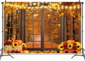 Fall Backdrop for Shoot Thanksgiving Harvest Autumn Backdrop Friendsgiving Party Backdrop Window Pumpkin Maple Leaves Haystack Party Supplies Banner Props 10x8ft