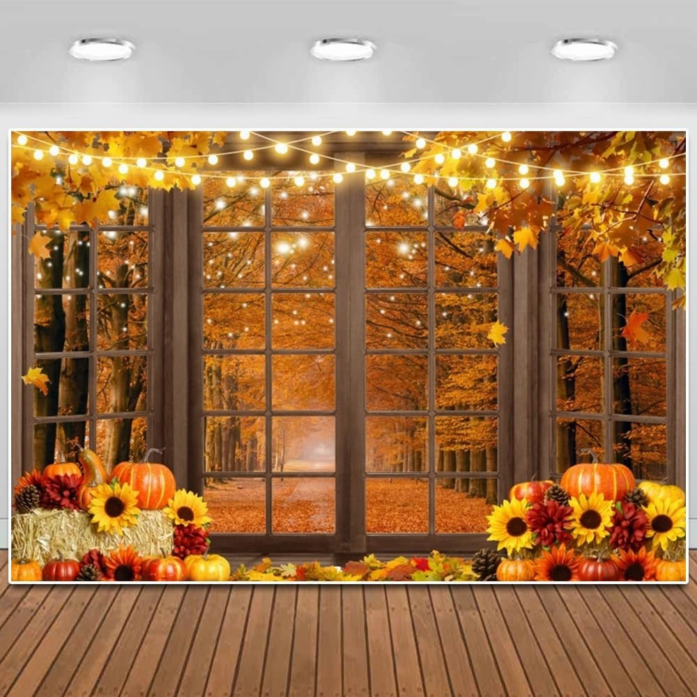Fall Backdrop for Shoot Thanksgiving Harvest Autumn Backdrop Friendsgiving Party Backdrop Window Pumpkin Maple Leaves Haystack Party Supplies Banner Props 10x8ft