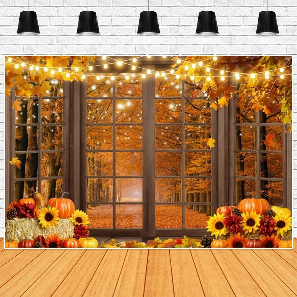 Fall Backdrop for Shoot Thanksgiving Harvest Autumn Backdrop Friendsgiving Party Backdrop Window Pumpkin Maple Leaves Haystack Party Supplies Banner Props 10x8ft