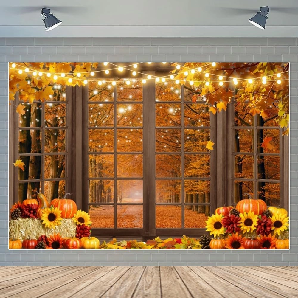 Fall Backdrop for Shoot Thanksgiving Harvest Autumn Backdrop Friendsgiving Party Backdrop Window Pumpkin Maple Leaves Haystack Party Supplies Banner Props 10x8ft