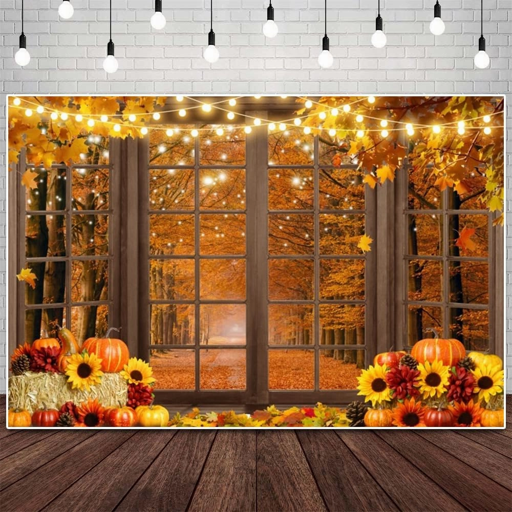 Fall Backdrop for Shoot Thanksgiving Harvest Autumn Backdrop Friendsgiving Party Backdrop Window Pumpkin Maple Leaves Haystack Party Supplies Banner Props 10x8ft