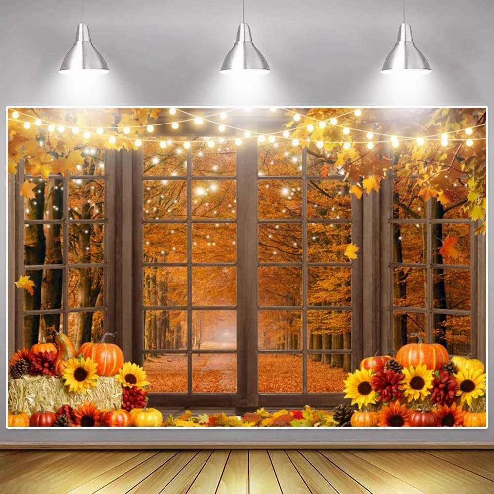 Fall Backdrop for Shoot Thanksgiving Harvest Autumn Backdrop Friendsgiving Party Backdrop Window Pumpkin Maple Leaves Haystack Party Supplies Banner Props 10x8ft