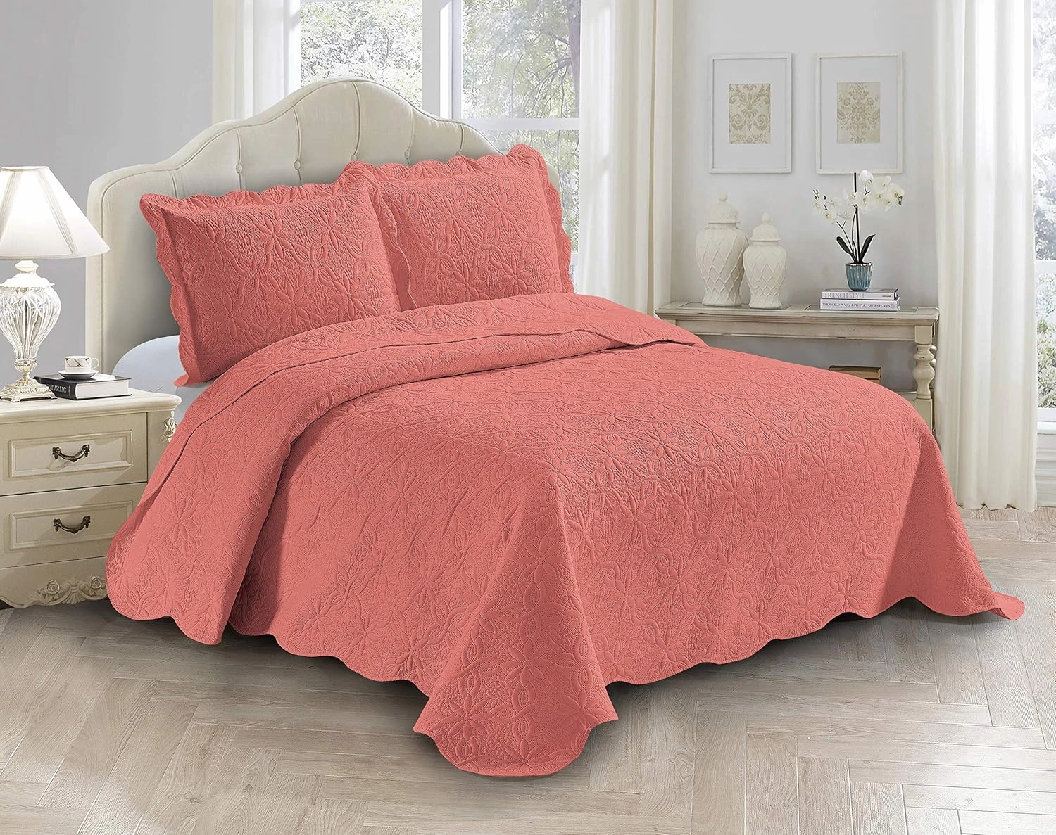 Fancy Linen 3pc Embossed Coverlet Bedspread Set Oversized Bed Cover Solid Floral Daisy Pattern New # Allis (King/California King, Coral)