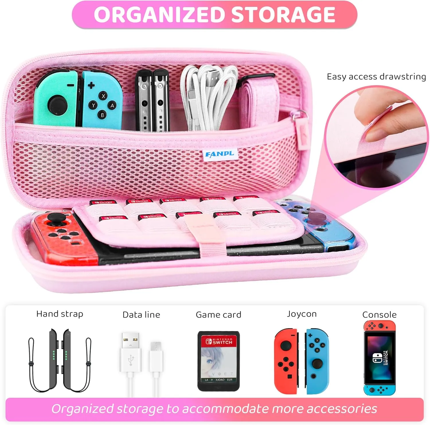 FANPL Nintendo Switch Accessories - Pink Rainbow Sparkle Carrying Case with Hard Clear Glitter Protective Case, Screen Protector, 2 Thumb Grips, Shoulder Strap