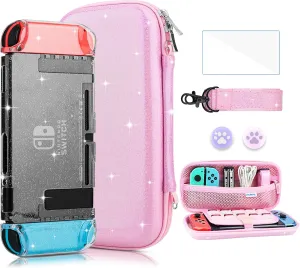 FANPL Nintendo Switch Accessories - Pink Rainbow Sparkle Carrying Case with Hard Clear Glitter Protective Case, Screen Protector, 2 Thumb Grips, Shoulder Strap