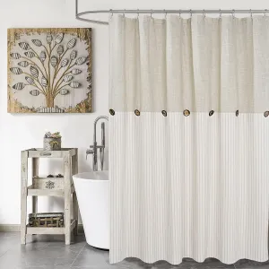 Farmhouse Shower Curtain,Beige and Beige Stripe,Button Curtain,Linen and Cotton Blend Fabric,Rustic Charm Country Chic Style,72x72 in