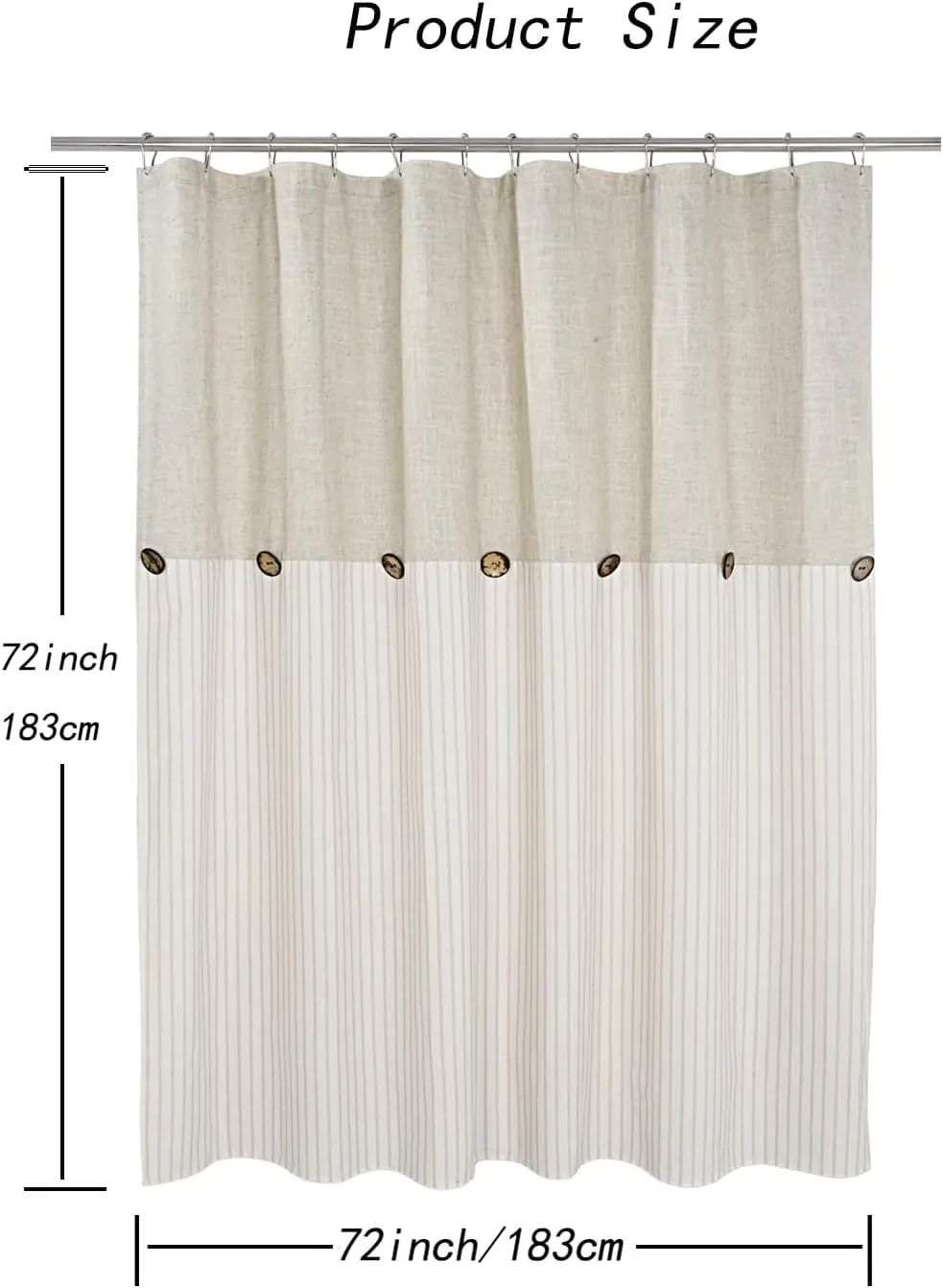 Farmhouse Shower Curtain,Beige and Beige Stripe,Button Curtain,Linen and Cotton Blend Fabric,Rustic Charm Country Chic Style,72x72 in