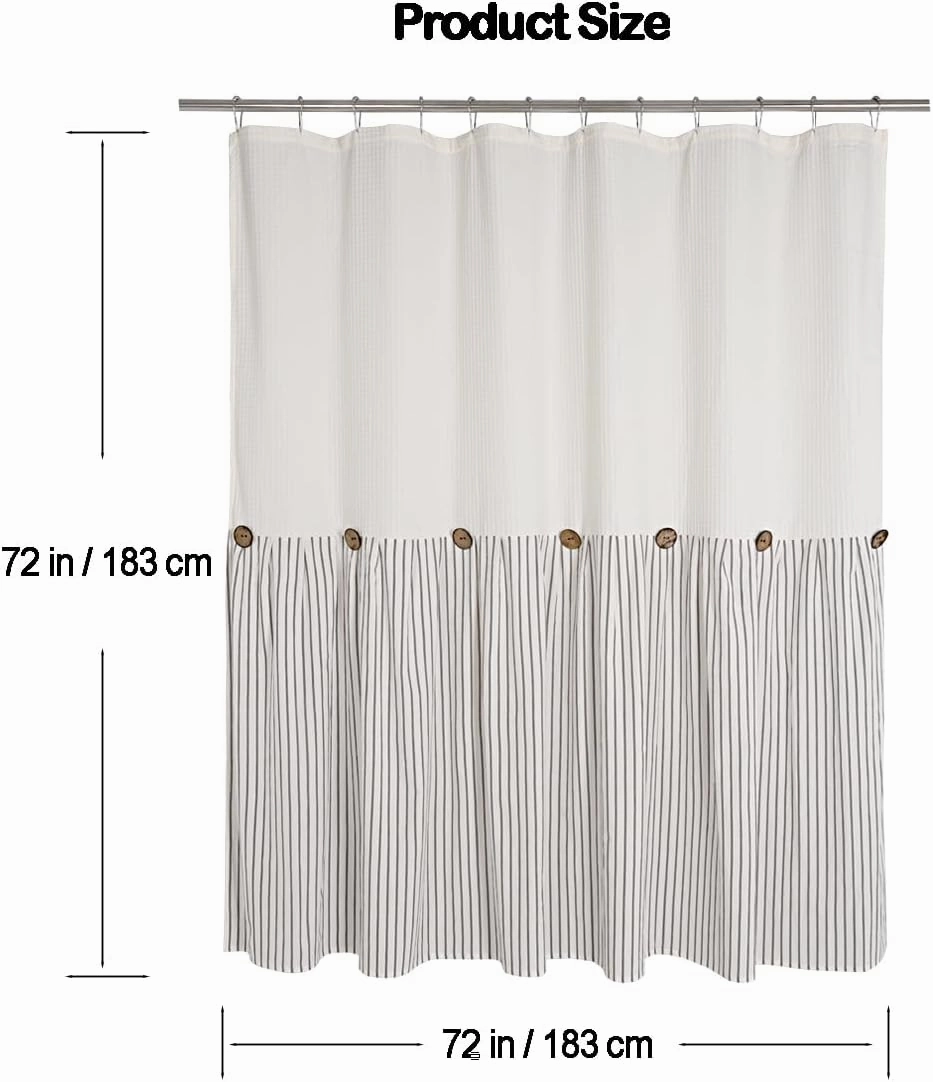 Farmhouse Shower Curtain,Beige and Gray Striped,Button Curtain,Spa Waffle and Cotton Woven Fabric,Rustic Charm Country Chic Style,72x72 in